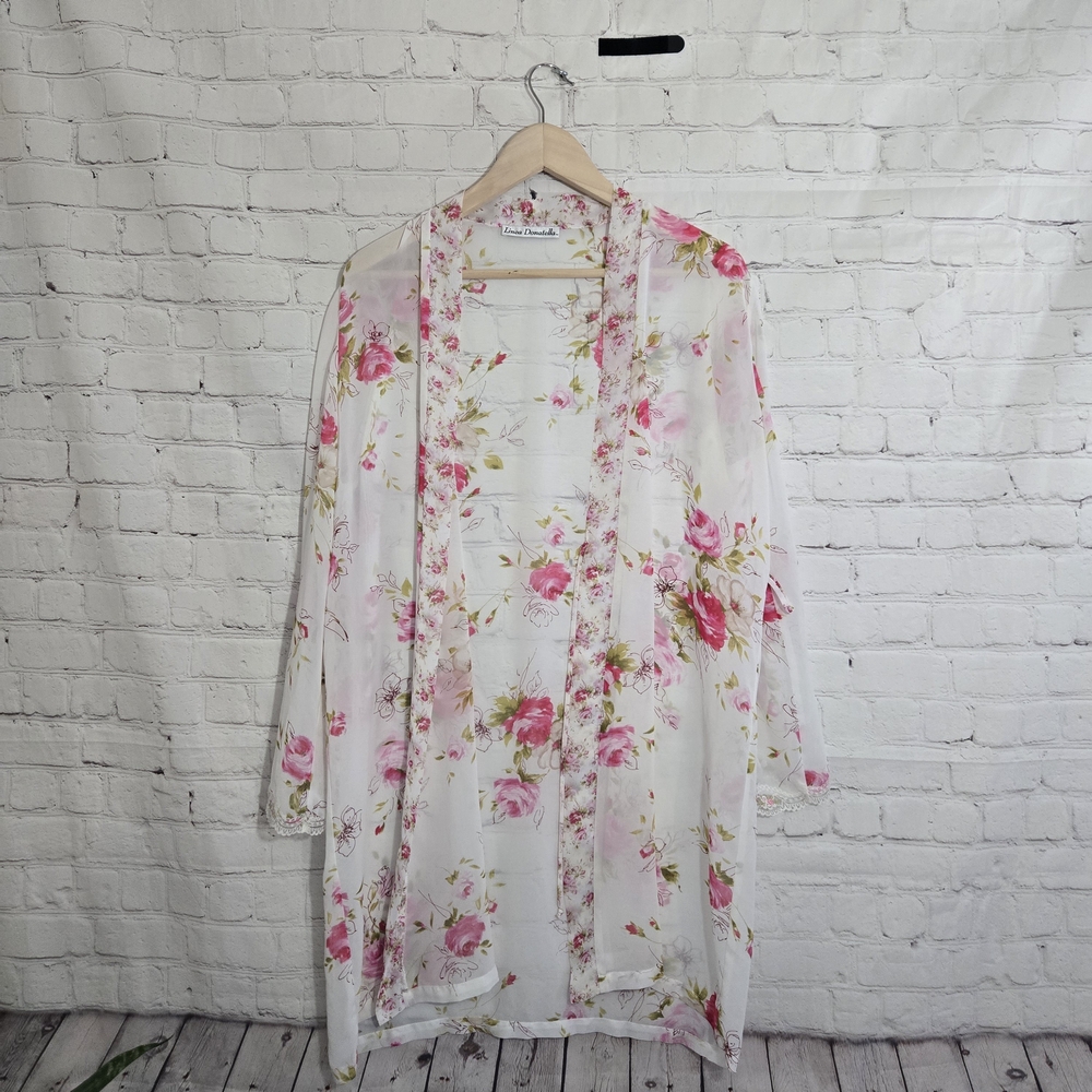 Linea Donatella Robe Size M White Lace Trim Floral Sheer Lingerie no belt Fem